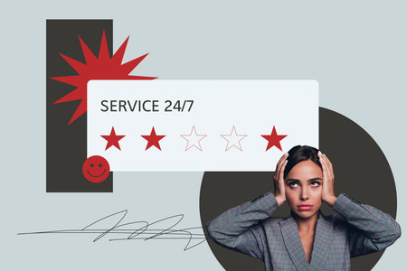 Collage of business woman man person check feedback messages online customer reviews and 5 star...