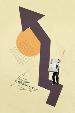 Collage of a person woman man toward digital arrows rising graphics representing progress success and business ambitionの写真素材