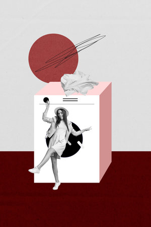 Collage showing woman over washing machine with laundry around symbolizing chaos rush in household cleaningの写真素材