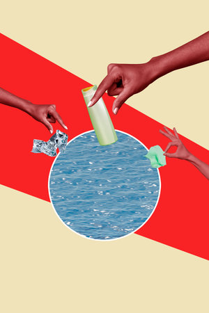 Vertical zine pop trend collage of human hands hold plastic rubbish throw ocean globe imitation environmental nature careの写真素材