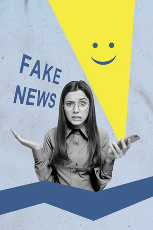 Pop poster trend collage image of puzzled girl hold phone fake news propaganda smiley beam false social media lie disinformationの写真素材