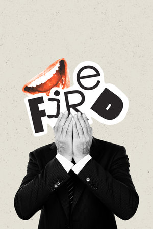 Vertical trendy banner 3d collage photo of anonym headless businessman mouth scream fired unemployment tensionの写真素材