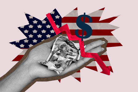 Image 3d full pop trend collage of human hand hold crumpled dollar banknote bankruptcy problem inflation usd currency americaの写真素材