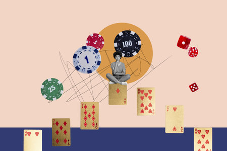 Collage of casino addiction theme with cards dice chips poker roulette blackjack representing...