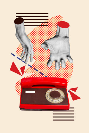 Vertical pop trend collage of human hand hold telephone handset telemarketing call center operator retro tool telecommunicationの写真素材