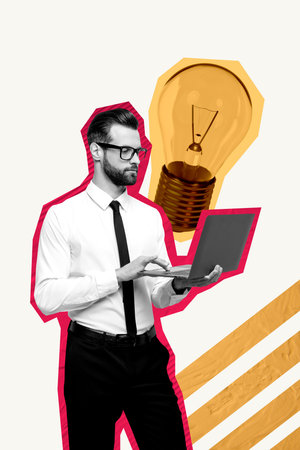 3d artwork poster trend collage image of serious businessman freelancer surf laptop strategy startup project light bulb blackoutの写真素材