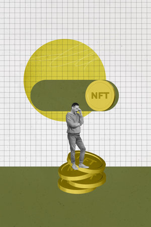 Collage depicting nft trading success and digital freelance income in a modern economic business online conceptの写真素材