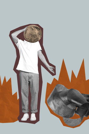 Sketch composite photo collage trend artwork of earth head mona body stand ecological ecosystem world earth green awareness global warmingの写真素材