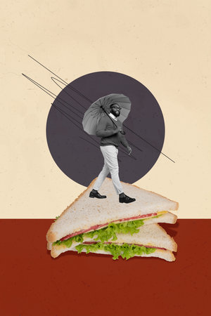 Creative vertical image photo art collage of happy girl guy stand bread sandwich cooking cafe order lettuce sausage ingredientの写真素材