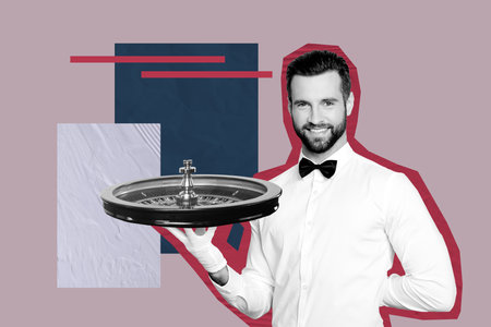 Trend artwork creative 3D photo collage of croupier young man hand hold roulette casino slot bet player fortune risk gambling competitionの写真素材