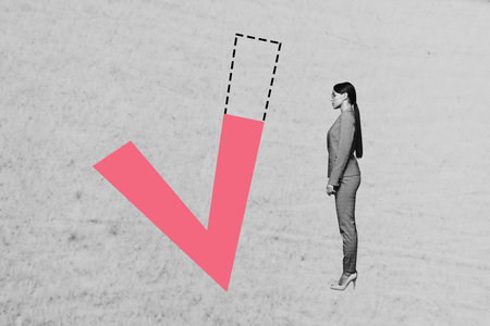 Contemporary artwork collage of happy businesswoman stand checkmark icon project confirmation deal development to-do taskの写真素材