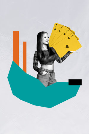 Poster image composite photo collage of happy girl millionaire stand ace cards combination poker...