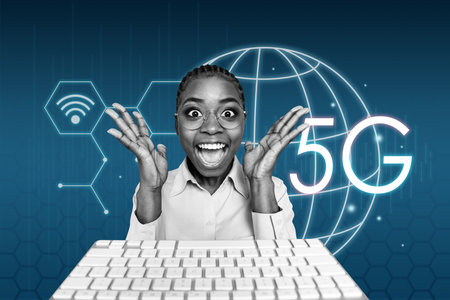 Full 3d poster image trendy collage photo of excited girl sit keypad 5g globe fast network...