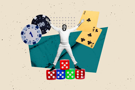 Image full pop trend collage of happy man jump chip dice stack cards combination winner casino game tournament conceptの写真素材