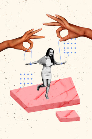 Photo collage template trend artwork composite of two big hand hold rope line young woman walk motion manipulationの写真素材