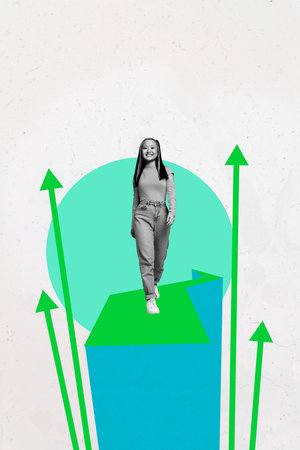 Collage of a joyful person over rising bar chart arrows symbolizing career growth online success money wealth tradingの写真素材