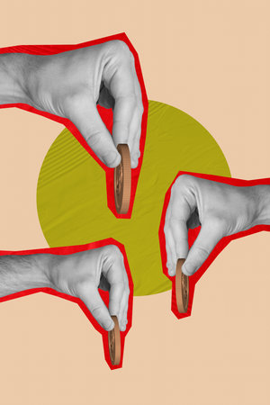 Banner image art pop trend collage of hands hold dollar coin income success finance profit share...