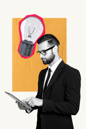 Exclusive poster image banner collage of serious businessman freelancer surf tablet light bulb idea development strategy blackoutの写真素材