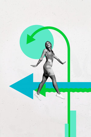 Collage of a joyful person over rising bar chart arrows symbolizing career growth online success money wealth tradingの写真素材