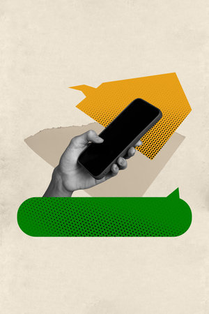 Zine banner photo collage of human hand hold smartphone modern device receive bubble communication chatterbox messengerの写真素材