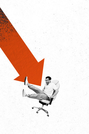3d artwork photo image collage of shocked man ride chair arrow decline statistics pressure economy collapse bankruptcy conceptの写真素材