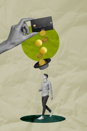 Zine vertical image photo art collage of happy businesswoman businessman stand hat collect dollar money credit card depositの写真素材