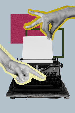 Trendy image artwork pop trend collage of human hand hold crumpled paper retro typewriter machine novelist story-tellingの写真素材