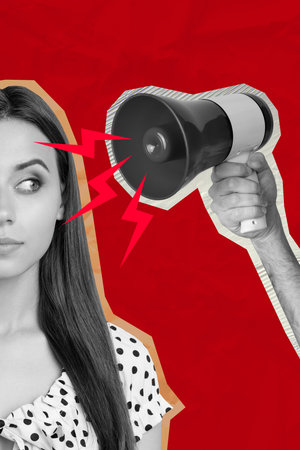 Sketch image zine art pop trend collage of puzzled girl stand hand megaphoneの写真素材