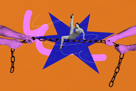 Vertical photo collage of happy girl stand metal chain protection freedom business project hands pullの写真素材