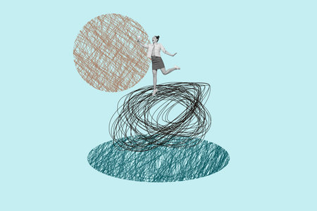 Whimsical collage with person on abstract doodle sketches entrepreneur imagination fun cartoon dance leisure rest emotionの写真素材