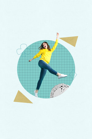 Image zine trend photo collage of happy hipster guy girl stand cards combination tournament success...