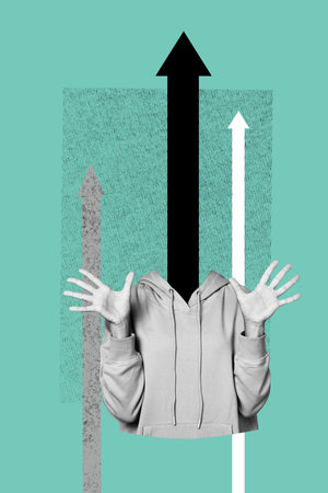 Banner 3d artwork pop poster collage of anonym businessman instead head arrow pointer direction aim achievement chance conceptの写真素材