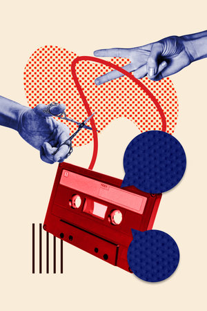 Vertical composite sketch design artwork collage of human hand hold scissors cut tape melody celebration chill party eventの写真素材