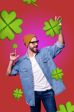 Poster image vertical photo collage of happy girl guy stand green maple leaf celebration saint patric day irish occasion eventの写真素材