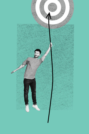 Zine banner trendy photo collage of shocked businessman hold arrow target promotion career chance aim achievement growthの写真素材