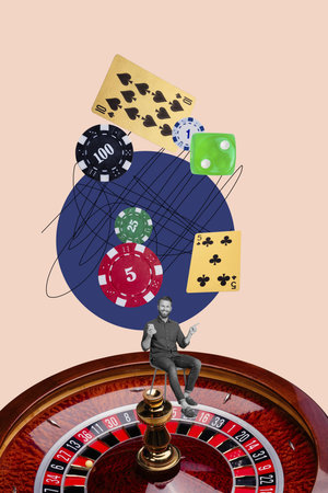 Collage of casino addiction theme with cards dice chips poker roulette blackjack representing gambling temptation and riskの写真素材