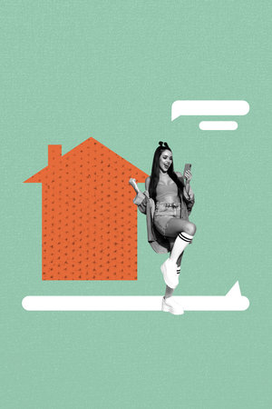 Vertical sketch image photo collage of happy girl hold phone stand house icon type message phone correspondence notificationの写真素材