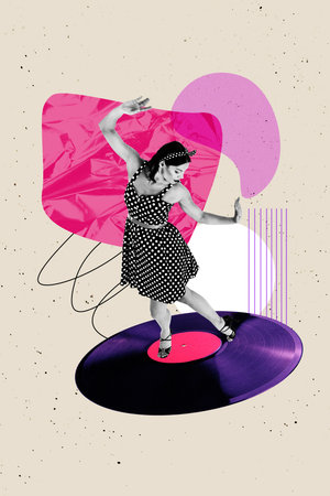 Image artwork banner sketch 3d photo collage of happy pinup girl hold vinyl disk celebration melody weekend disco chill 90sの写真素材