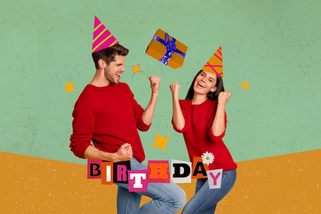 Composite art collage image of happy girl guy dance birthday party present gift greeting card wear cone enjoy celebration eventの写真素材
