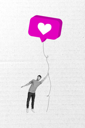 3d vertical artwork banner sketch photo collage of happy guy fly bubble balloon imitation like...