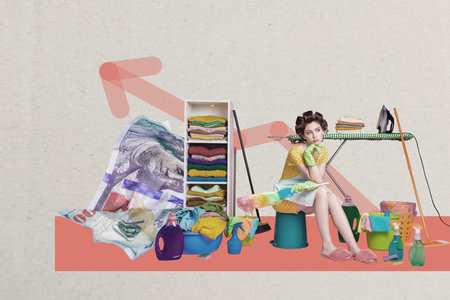Sketch banner artwork 3d photo collage of tired housemaid girl sit bucket arrow progress ironing...