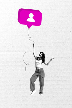 Vertical art trend banner collage of happy girl dance bubble communication dialogue phrase...