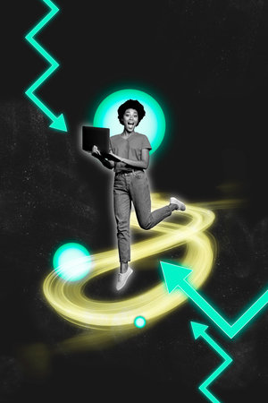 Trendy banner 3d collage of happy businesswoman hold laptop arrow development statistics aim achievement progress manager jobの写真素材