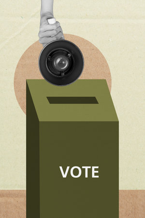 Pop zine sketch artwork collage of hand show election box container ballot president decision...