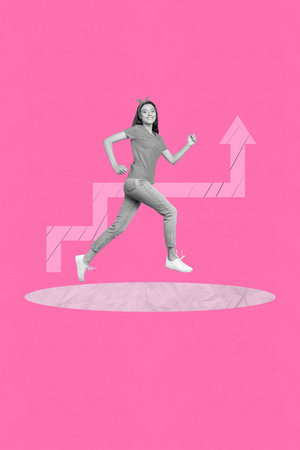 Collage of joyful woman man celebrating financial success with rising arrow symbolizing income or business growthの写真素材