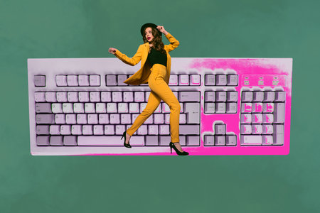 Collage of funny business person relax coffee retro computer keyboard keys text programming code in work conceptの写真素材