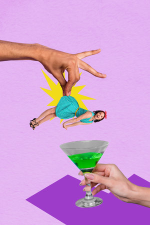 Trend artwork sketch design 3D collage of hand hold young lady pinup style hang martini glass weekend clubber entertainment event carefreeの写真素材