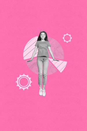 Excited business person celebrating success in front of pie chart and gear icons in abstract collage...