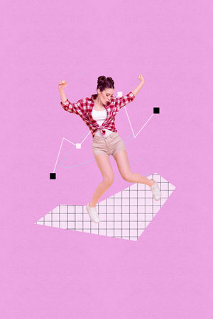 Image vertical artwork collage of happy businesswoman stand graph development success statistics aim...