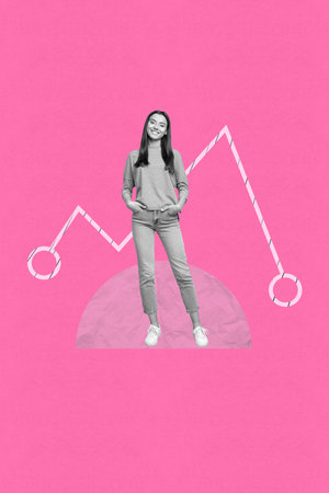 Successful business person in minimal collage design with financial statistics and data line backgroundの写真素材